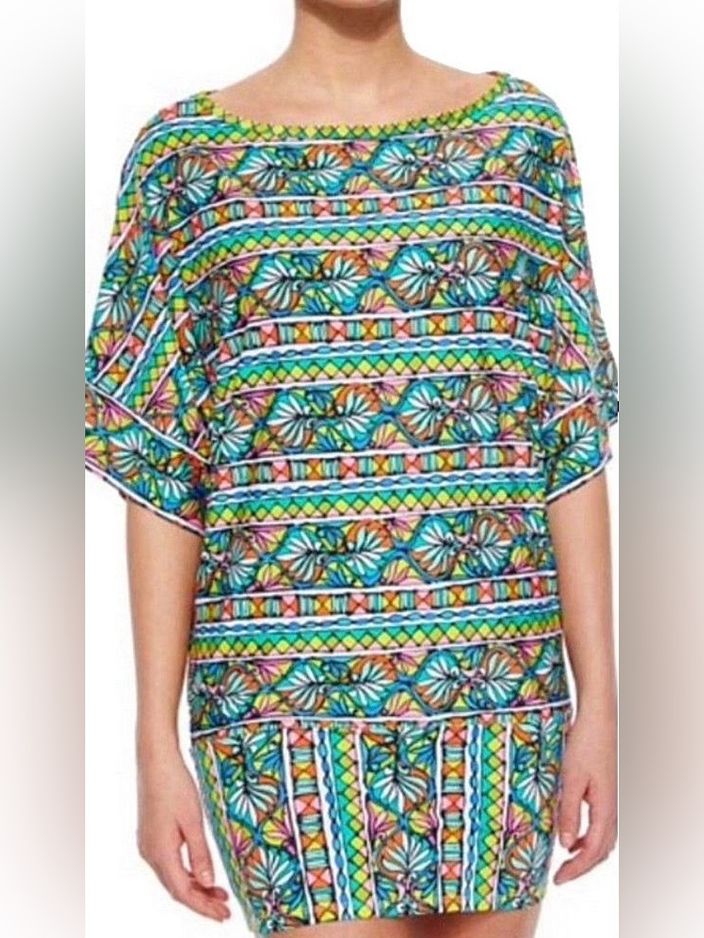NWOT Women’s Trina Turk Multicolor Bora Bora Mosaic Print Tunic Cover Size Large